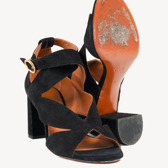 Chloe Graphic Leaves Cross-Over Vamp Ankle Wrap Black Suede Sandals - Picture 4 of 9